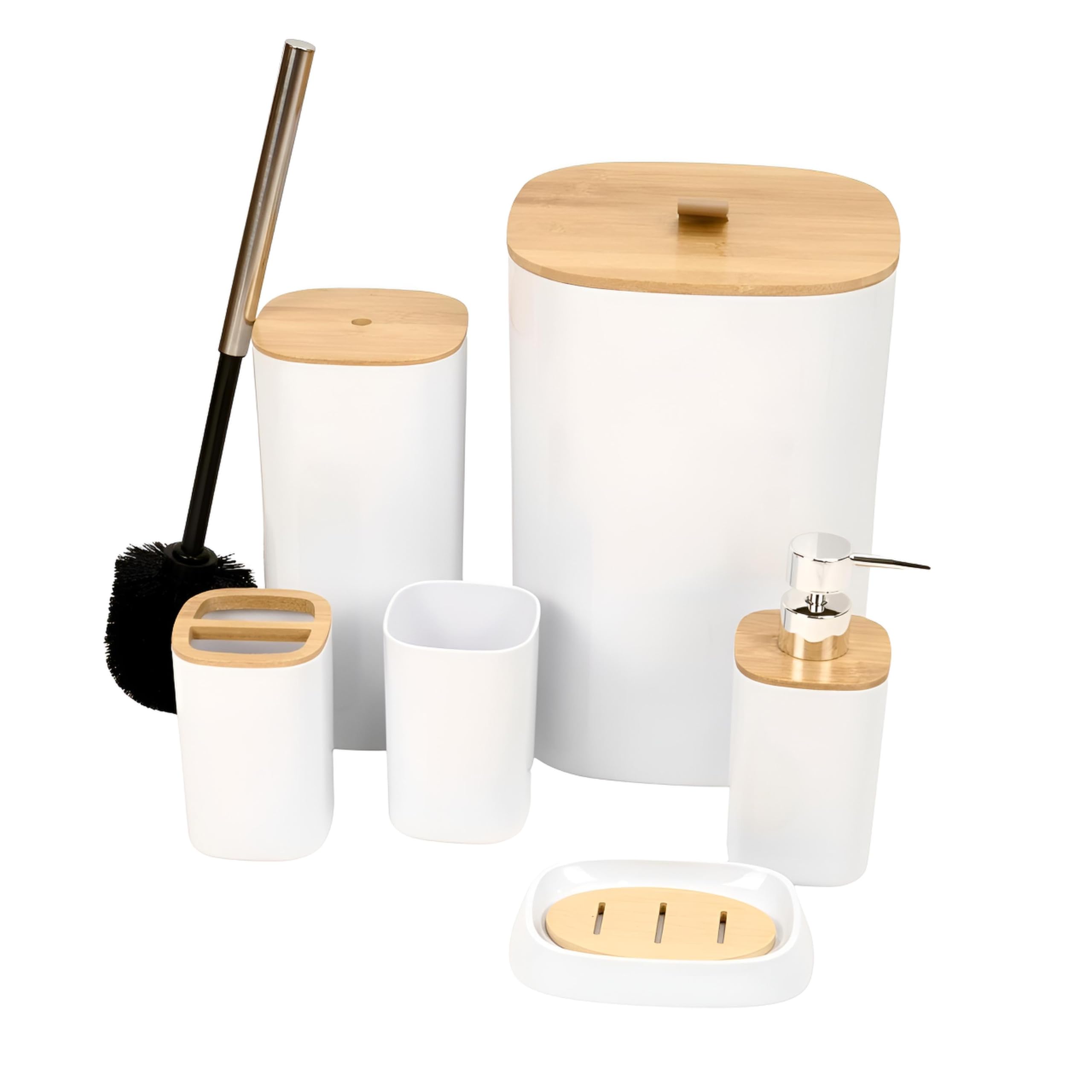DIVCHI 6 Pieces Bathroom Accessories Set Luxury Accessory Sets Bathroom Bin And Toilet Brush Set Toothbrush Holder Tumbler Soap Dish Trash Can Soap Dispenser Bath Set Gift (White)