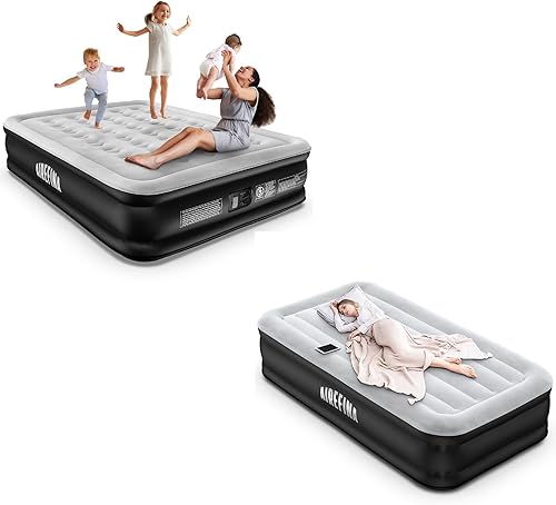 Airefina Colchón de aire Queen & Twin con bomba incorporada, colchón inflable con parte superior flocada para invitados del hogar, portátil y