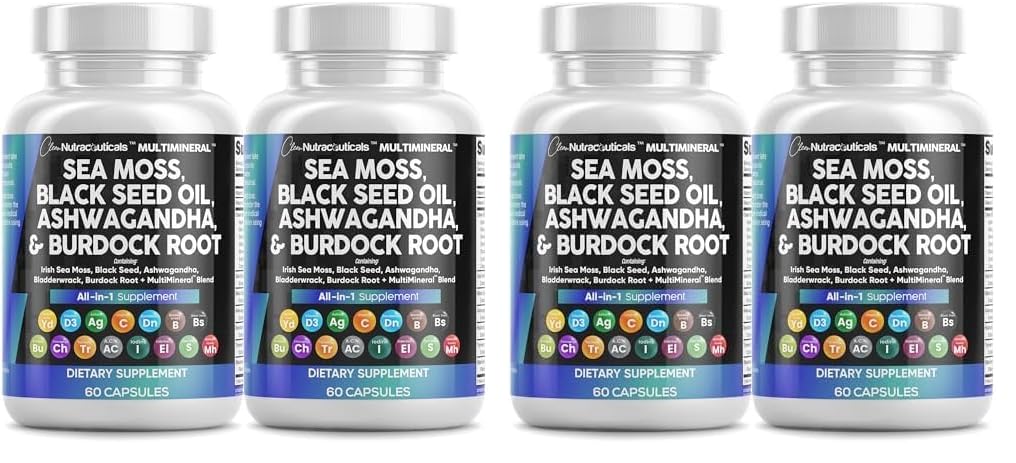 Clean Nutraceuticals Sea Moss Black Seed Oil Ashwagandha Turmeric Bladderwrack Burdock & Vitamin C Vitamin D3 with Elderberry Manuka Dandelion Yellow Dock Iodine Chlorophyll ACV - 2Pack (Pack of 2) 60 Count (Pack of 4)