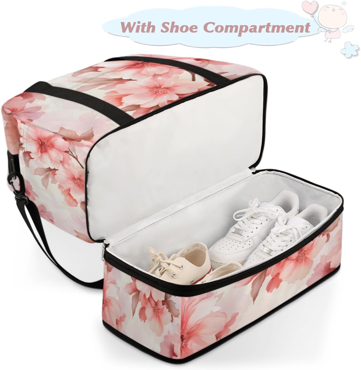QsirBC Cherry Blossom Floral Style Gym Bag for Women Duffle Tote with Shoes Compartment Men Weekender Duffel for Dance Travel Sports Swimming Overnight
