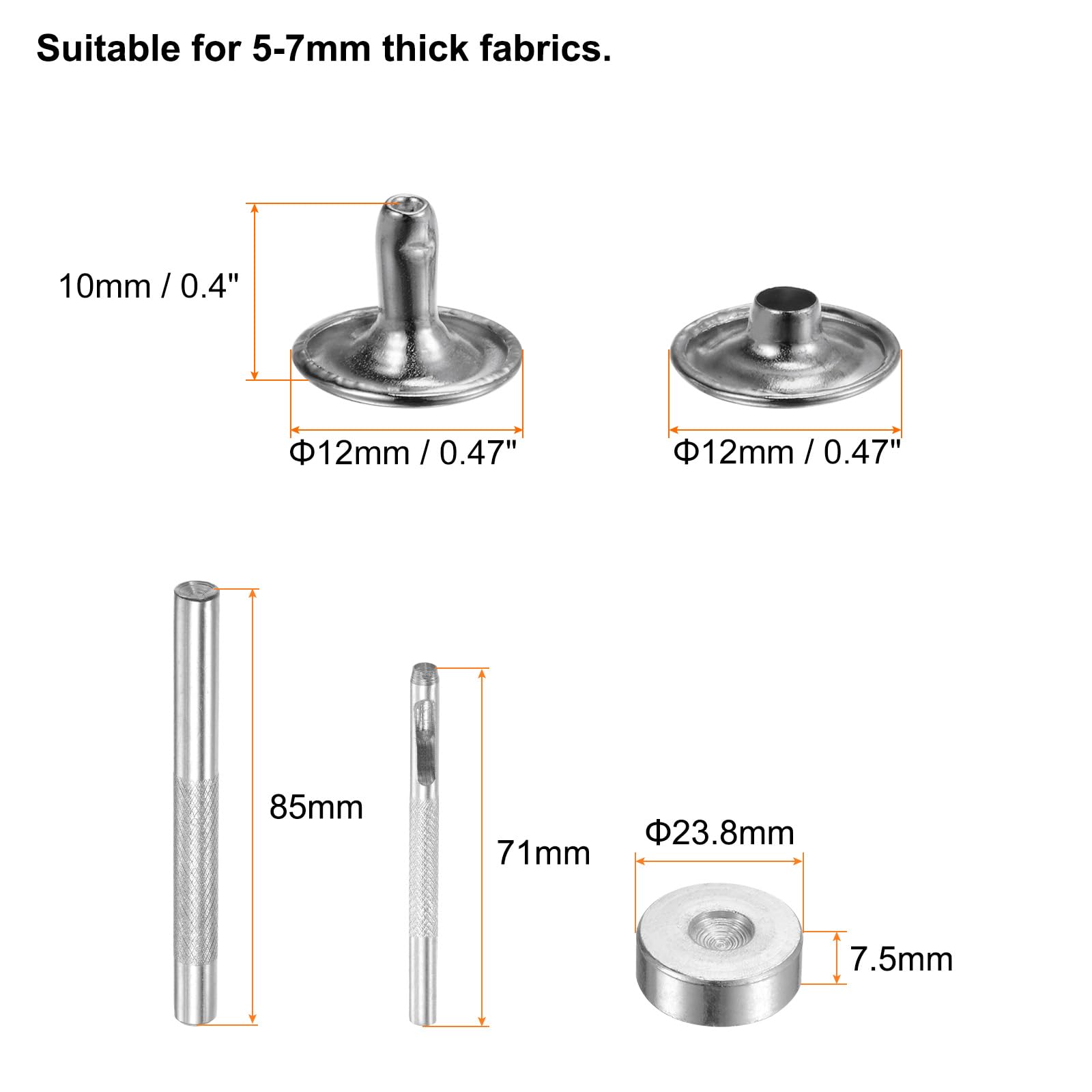 HARFINGTON Juego de 200 remaches de cuero de 12 mm x 10 mm, remaches de metal de doble tapa con 3 herramientas de ajuste, remaches para manualidades, reparación de cuero, decoración, tono plateado
