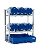 Stabiles, verzinktes Stapelregal mit Auffangwanne aus Polyethylen (PE, hochbeständig gegen viele aggressive Chemikalien wie z.B. Säuren und Laugen)