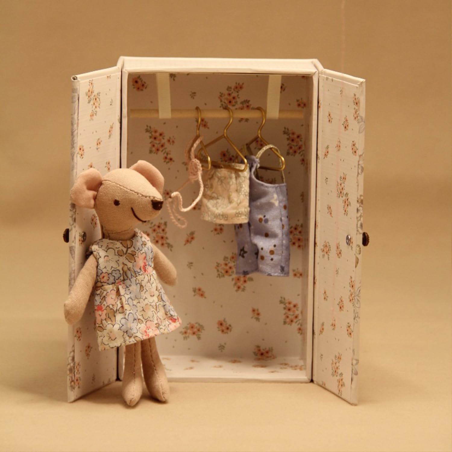 Minamzee 1/12 Dollhouse Wardrobe Closet, Miniature Wooden White Flower Pattern Wardrobe with 3Pcs Clothes Hangers - Image 4