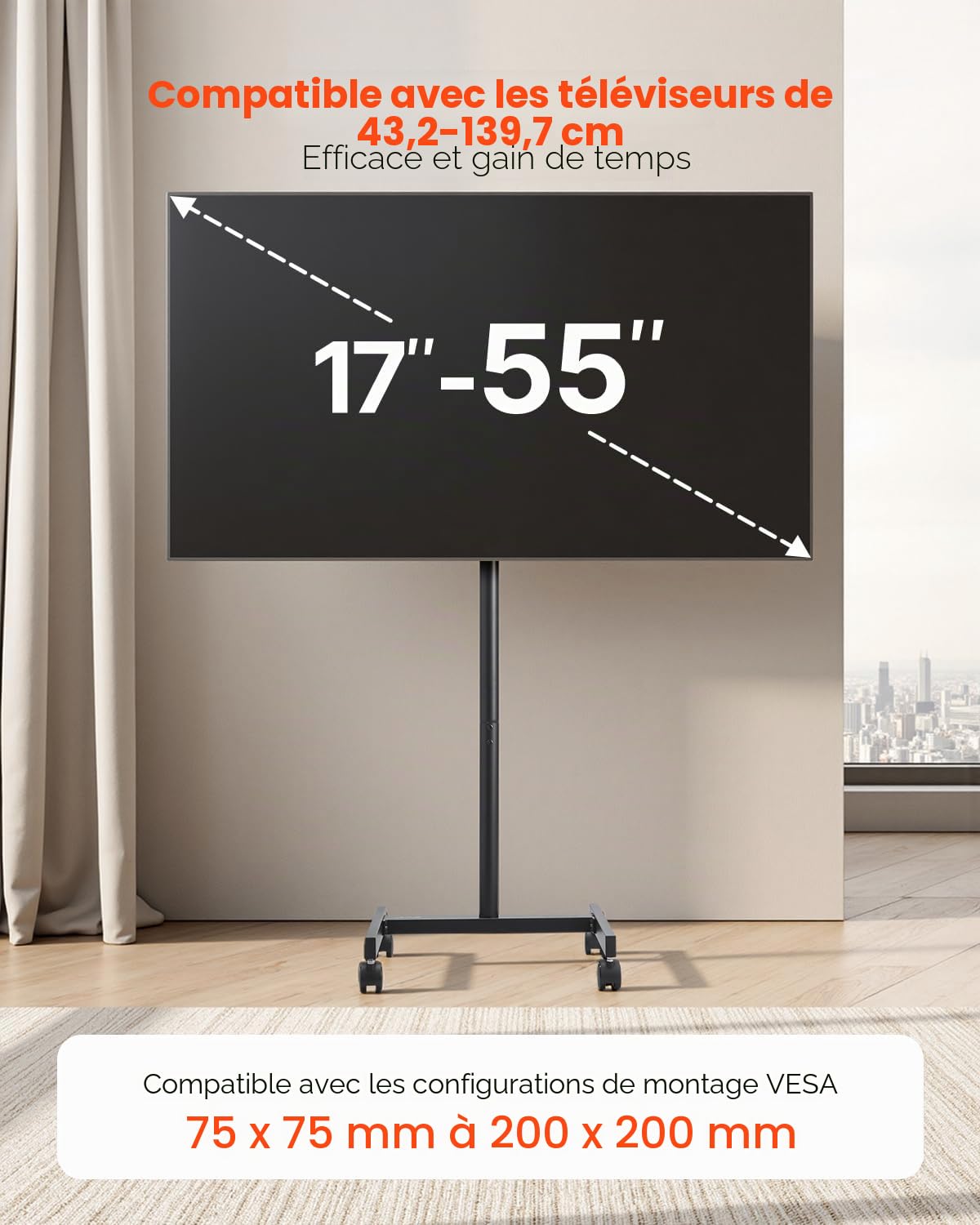 VEVOR Support TV à roulettes, pour téléviseurs/LED/LCD/OLED de 431,8 à 1397 mm, Chariot TV Mobile, jusqu'à 20 kg, Support télé sur Pied Portable, Max. VESA 200 x 200 mm, pour Salon, Bureau, extérieur