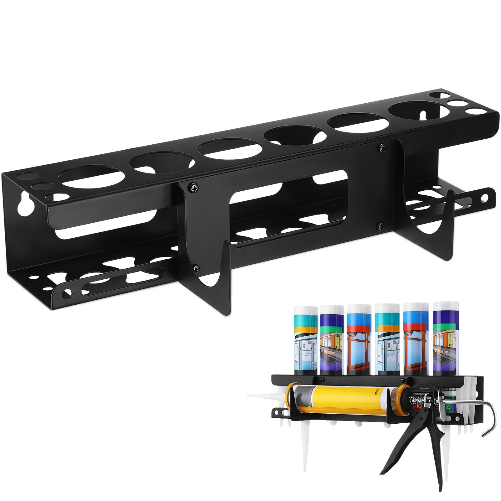Silicone Caulk Tube Holder with Tool Hook, Wall Mounted Multi-Tube Rack for 5+ Pipes & Nozzle, Heavy Duty Metal Collector for Van Storage Racking, Caulking Gun, Sealant, Adhesive Pipes, DIY Projects