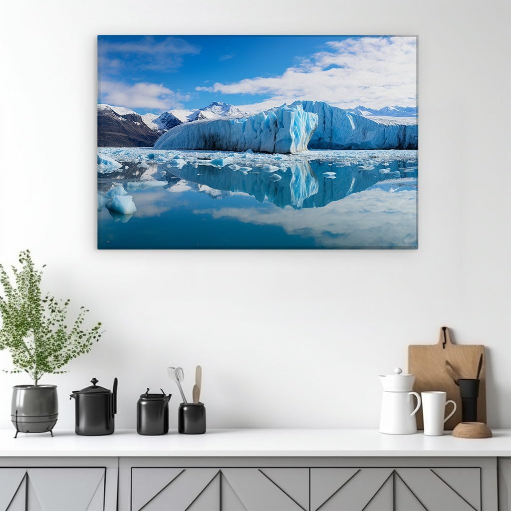 Canvas for Living room. Glacial Majesty Unveiled in a Sunlit Iceberg-Studded Lake Sanctuary, 27 x 18 inch Canvas Wall Art - Contemporary Masterpieces - Modern Home Decor - 69x46 cm (27x18 inch)