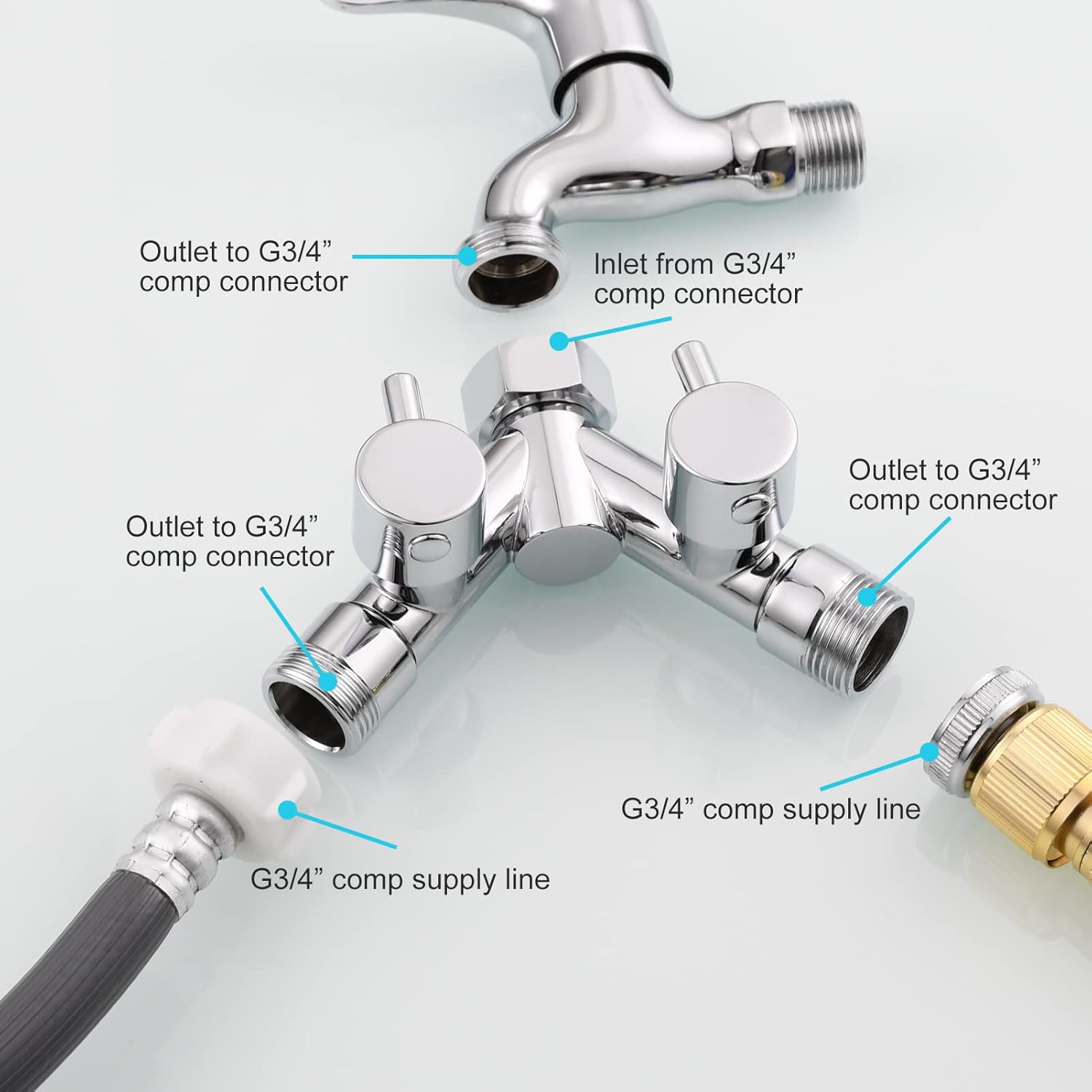 Tecmolog Brass Water Faucet Splitter 2 Way 3/4" Hose Y Connector for Garden Hose and Shower Hose, Chrome, DSF015A