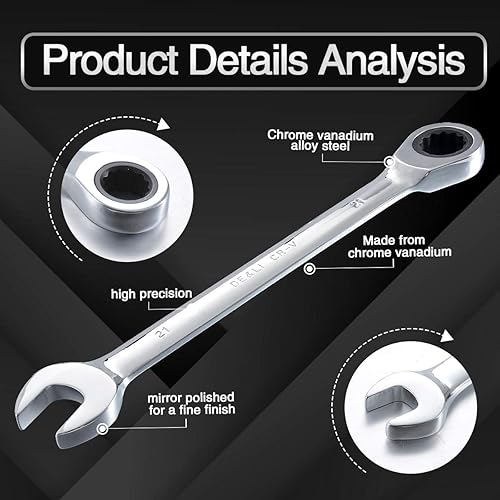 Miniatura 4 de KATUR Juego de llaves de trinquete fijas de 0.827 in y llaves de mango, juego de herramientas manuales, combinación métrica de acero al cromo