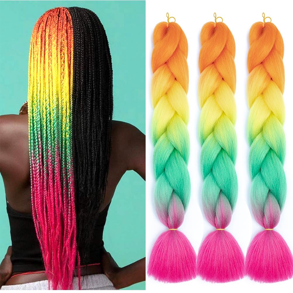 Xiaofeng Colorful Ombre Braiding Hair Extensions 24 Inch 3 Packs High Temperature Jumbo Crochet Braiding Hair for Box Twist Braids (24 Inch (Pack of 3