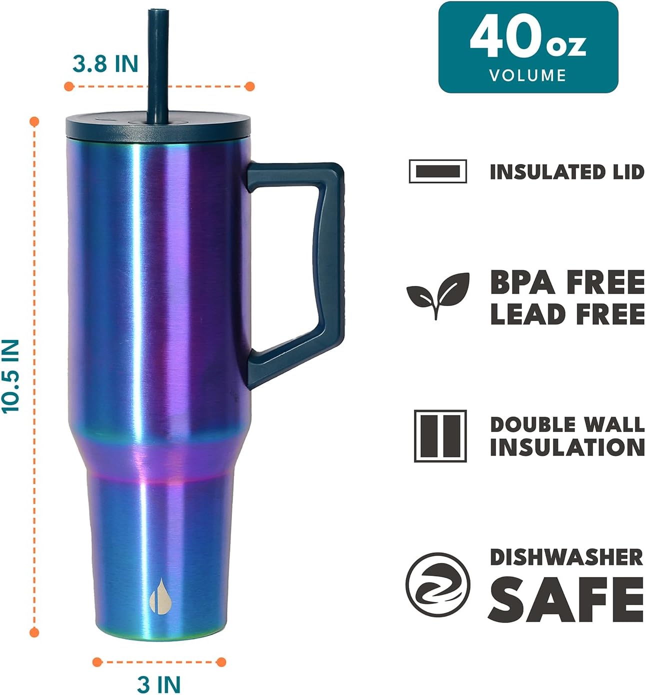 Elemental 40 oz Tumbler with Handle and Straw - Spill Proof Insulated Stainless Steel Commuter for Hot and Cold Beverages - Travel Coffee Mug with 2 Straws & Spill Proof Lid - 40oz - Iridescent - Image 2