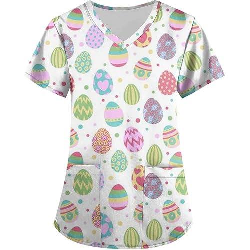 Easter Scrub Tops for Women, Short Sleeve Plus Size Scrub Tops Easter Stretchy Nurse Tshirts Pockets 03-White Medium