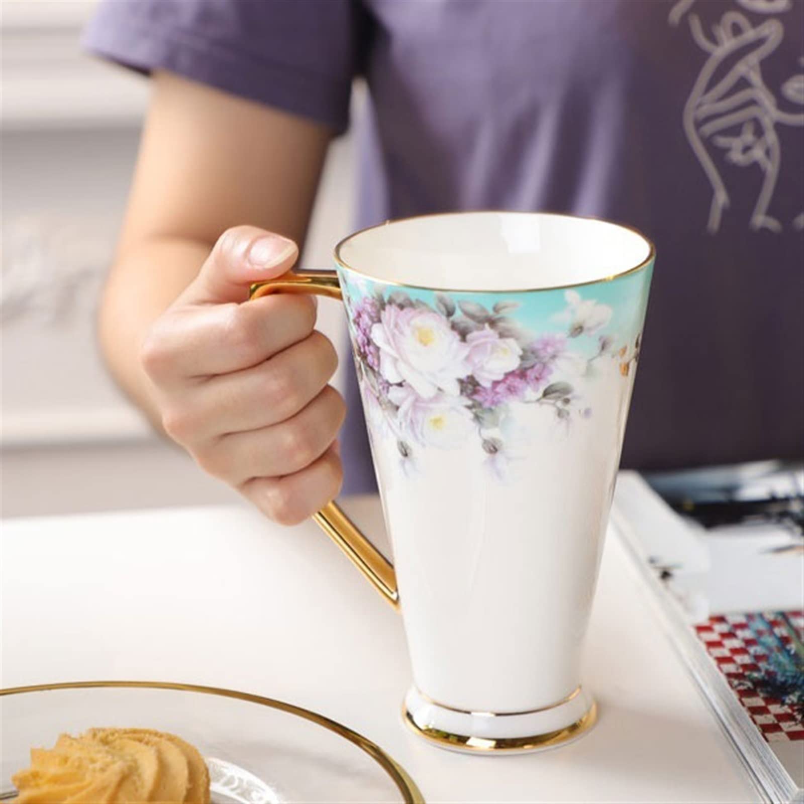 Podróżny kubek do kawy 500 ml porcelana kostna kubek do kawy popołudniowa herbata duża pojemność wykwintny kubek z łyżką do domu biura szkoły kubek do kawy