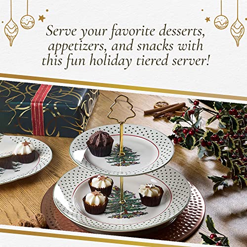 Spode - Christmas Tree Collection, 2-Tiered Tray, For Serving Food, Cake, And Desserts, Server Tier Measures At 8" And 10", Polka Dot Motif With Gold Handle, Dishwasher Safe #TOP4
