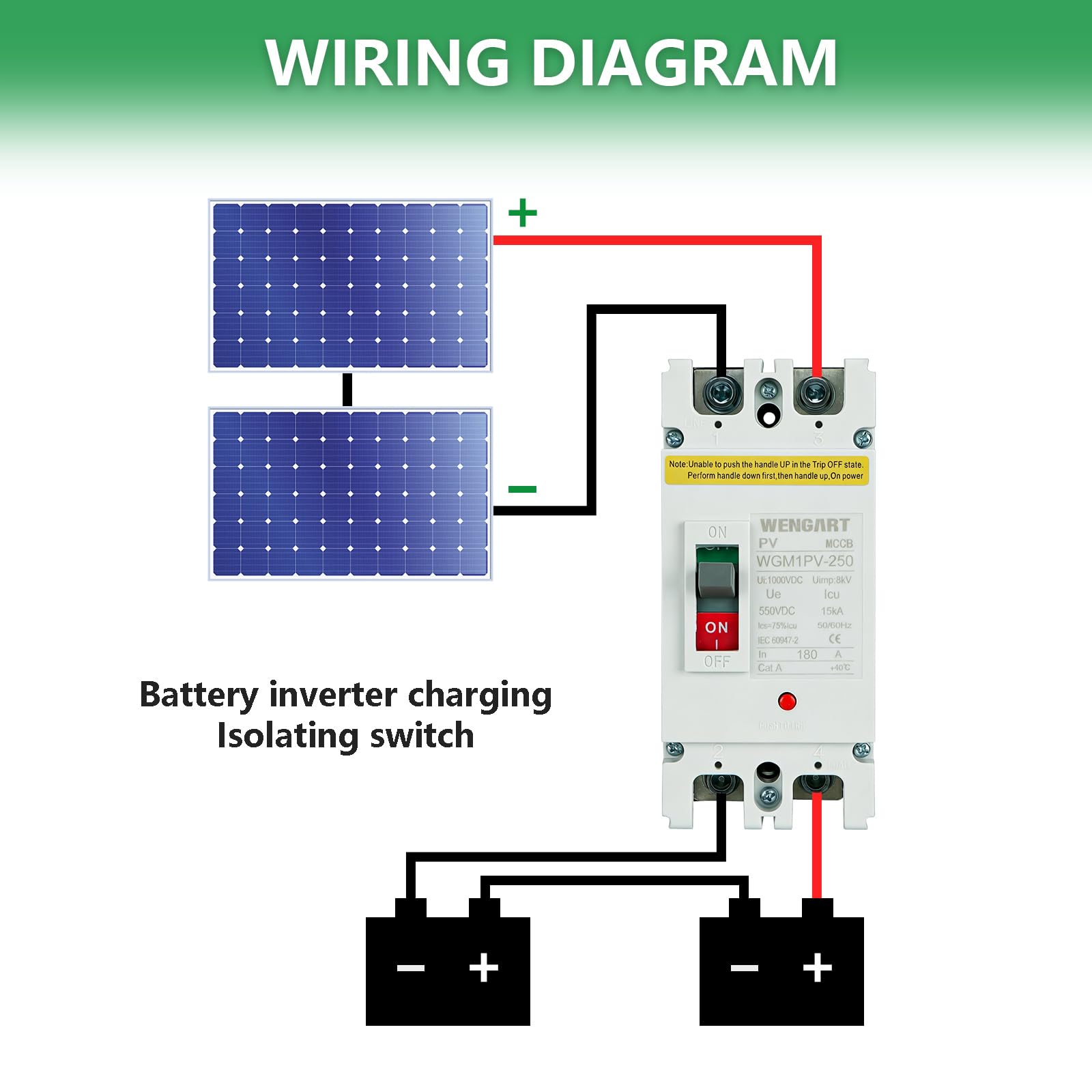 Wengart Disyuntor de Caja Moldeada MCCB 180A DC 500V 2P Interruptor Automático Magnetotérmico para Sistemas Solares
