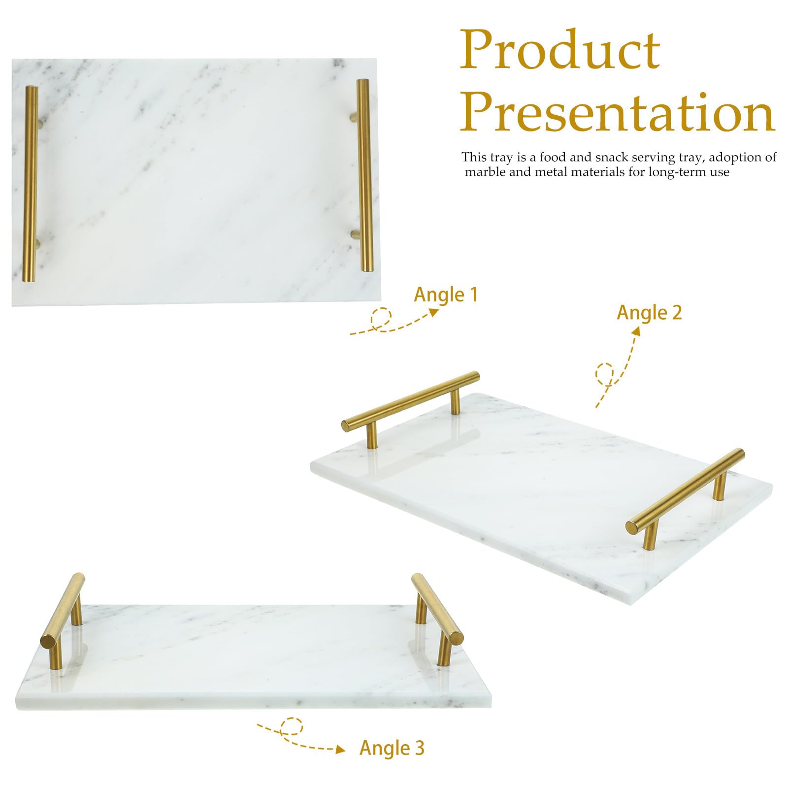 Vassoio in Marmo con Manico, Portaoggetti Multiuso per Cucina e Bagno, Piatto da Portata Rettangolare 30x20 Cm, Resistente e Leggero per Snack, Frutta Secca e Dessert