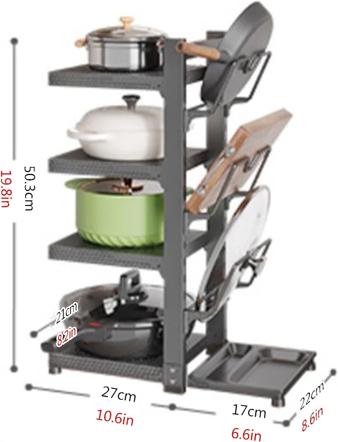 Adjustable Pot & Pan Organizer Rack for Cabinet, Pot Lid Organizer Under Sink with Drain Pan, Heavy Duty Snap-on Cookware Stand, Kitchen Floor Pot Rack (One Color-B