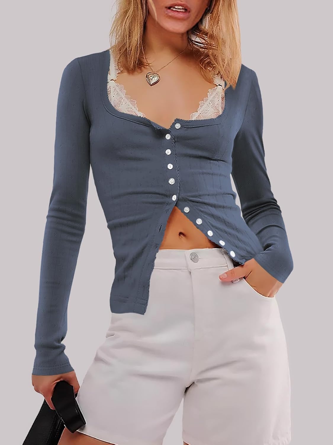Women Ribbed Knit T-Shirt Tops Long Sleeve Button Down Stretchy Slim Fit Scoop Neck Blouse - Image 5