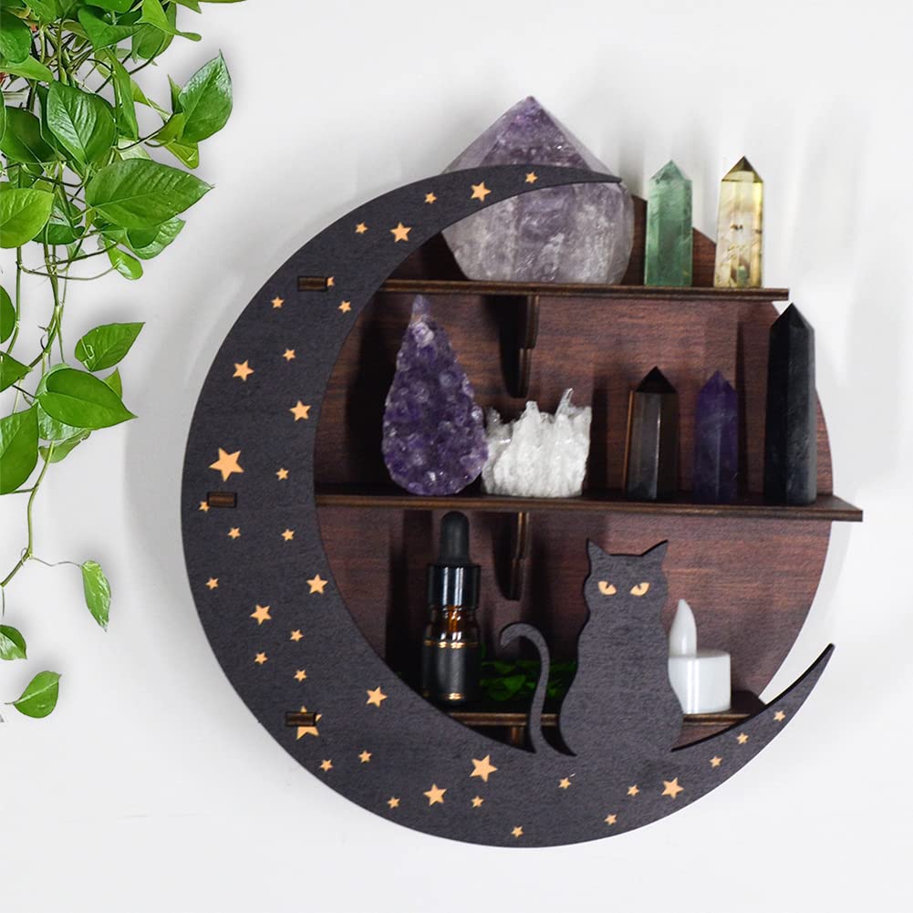 Halve maan plank - massief hout - kristallen plank display voor stenen, etherische oliën en heks decor - ronde boho muur decor 35,5 cm x 6,3 cm - slaapkamer en woondecoratie