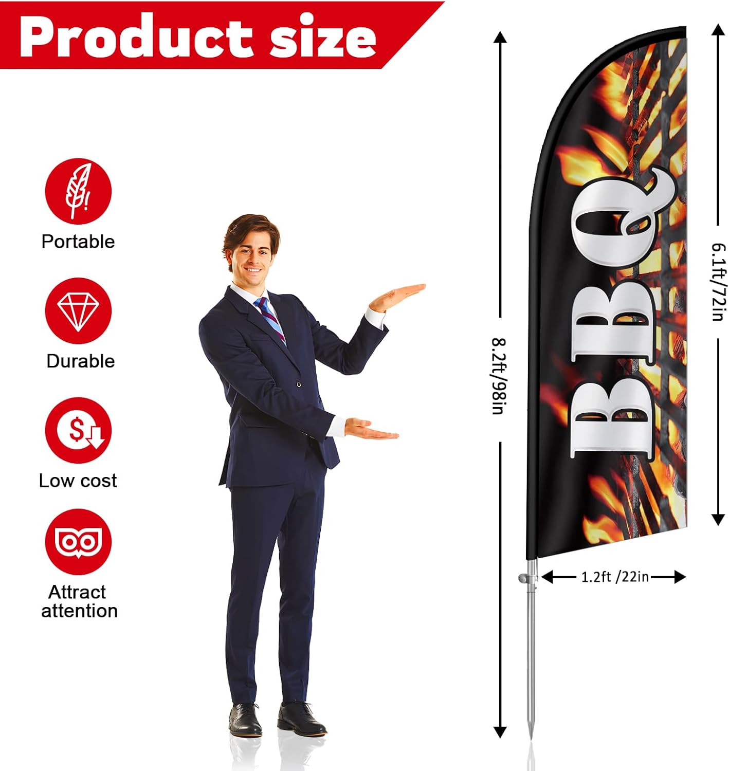 8FT Barbecue Signs for Business, BBQ Swooper Flag, Eye Catching Advertising BBQ Banner with Stainless Steel Flagpole, Ground Stake and Polyester Flag