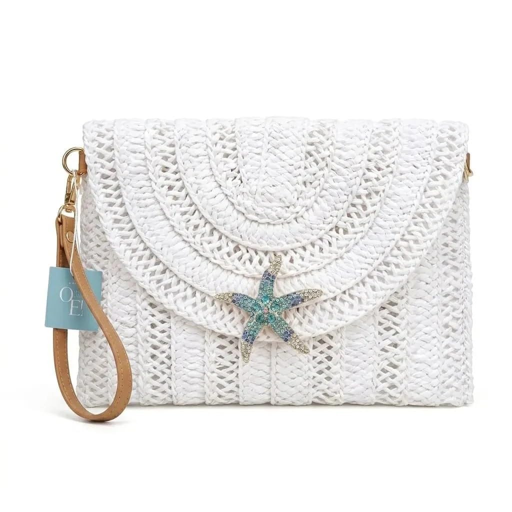 OE! Pochette in paglia con spilla removibile artigianale a forma di stella marina
