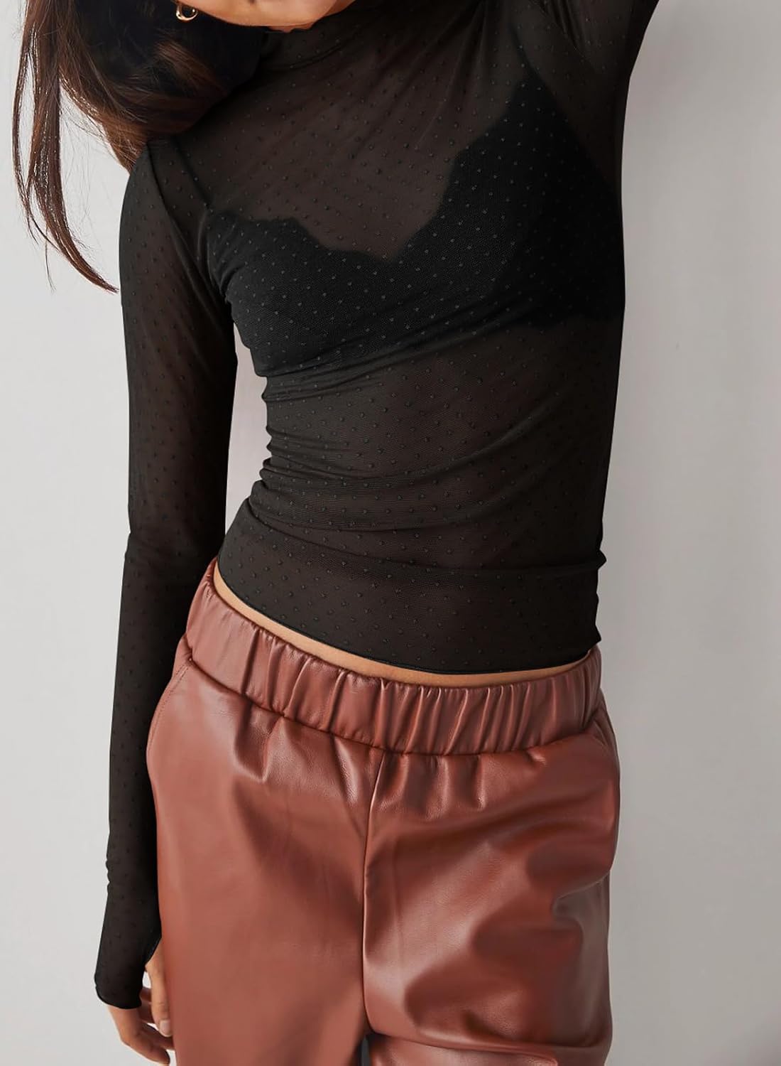 Womens Mesh Sheer Lace Laying Top Mock Neck Long Sleeve Polka Dot See Through Shirt Blouses Tops - Image 4