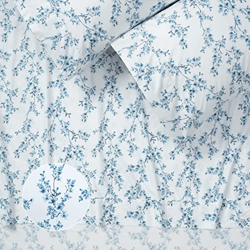 Chanasya Floral Printed King Bed Sheet Set 4-Piece - Ultra Soft Elegant Forsythia Pattern -1 Flat Sheet 1 Fitted Sheet 2 Pillowcases - Wrinkle Stain Resistant Luxurious Microfiber Sheets - Blue - King #TOP2