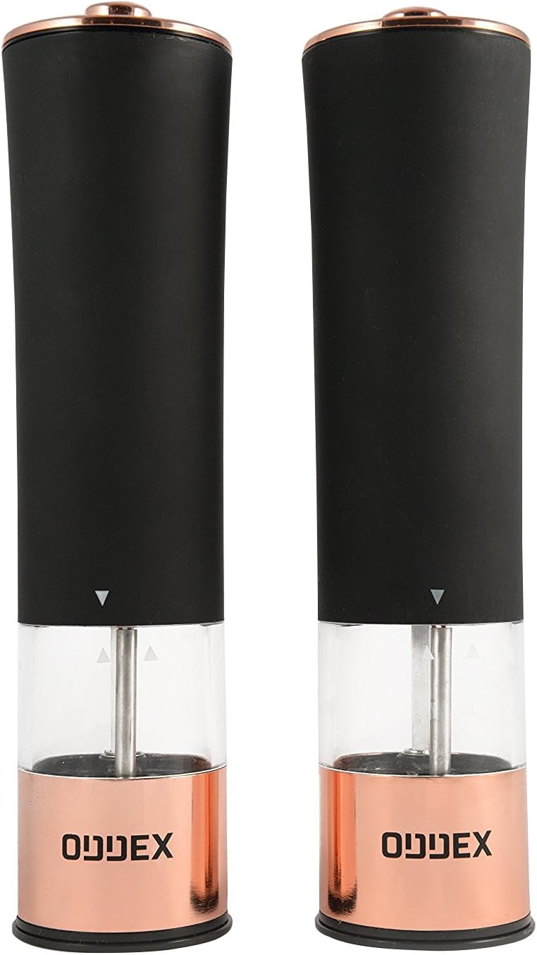 Matte Black Electric Salt and Black Pepper Grinders with Bronze detailing by ODDEX | Automatic One Touch Operation, Adjustable Coarseness, Battery Operated, Refillable, Durable and Easy To Use Mills