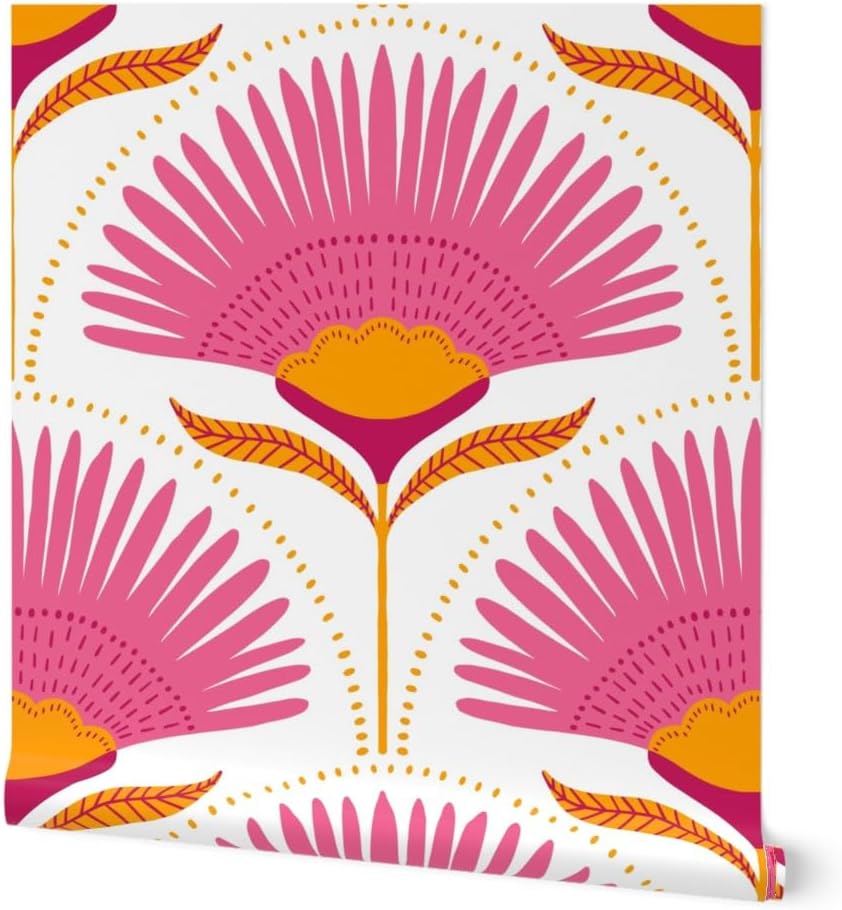 Spoonflower Peel & Stick Wallpaper 3ft x 2ft - Tropical Floral Botanical Boho Bright Palm Pink Orange Large Scale Exotic Colorful Leaf Flower Custom Removable Wallpaper