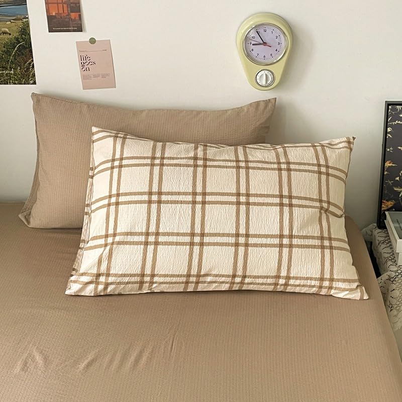Image of Gingham Duvet Cover Set Queen Size,Beige Plaid Patterned 3Pcs Bedding Set for Kids Adults,Soft Breathable Microfiber Comforter Cover Checkered Design with Zipper Closure and 2 Pillowcases