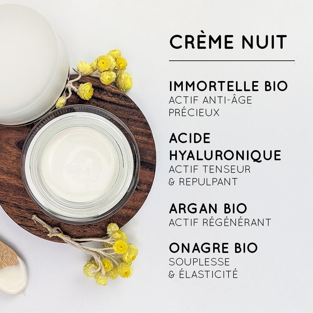 Crème visage Nuit Pur'Immortelle Bio - Soin anti-âge - Immortelle, Acide hyaluronique, Argan, Onagre - 99% d'origine naturelle - Fabriquée en France- 50 ml - PROPOS'NATURE
