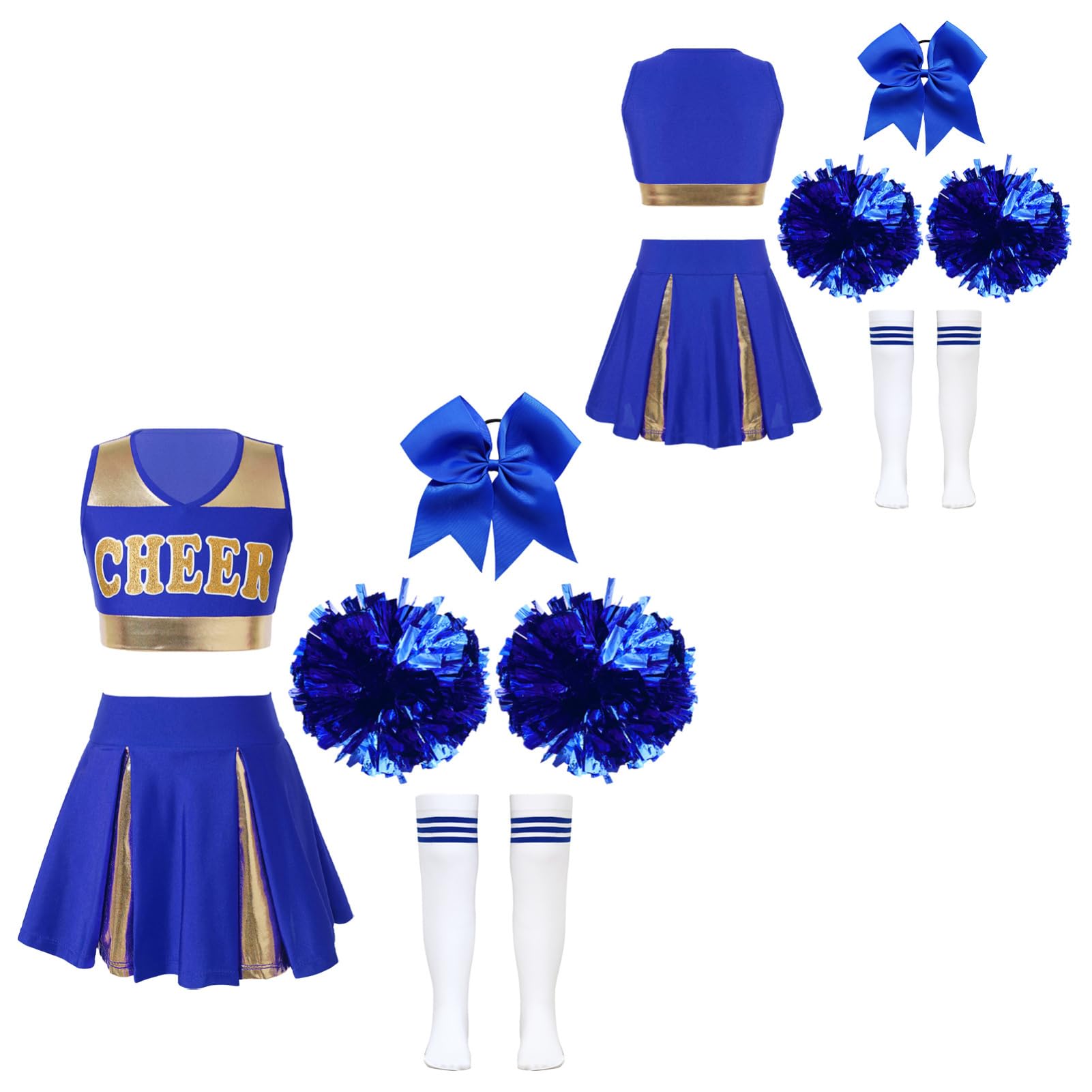 IEFIEL Cheerleading Pompons Fille Pom-Pom Girls Pompoms Haut Jupe Chaussettes Danse Sports Enfant Ensemble Uniforme Scolaire Halloween Fête Performance