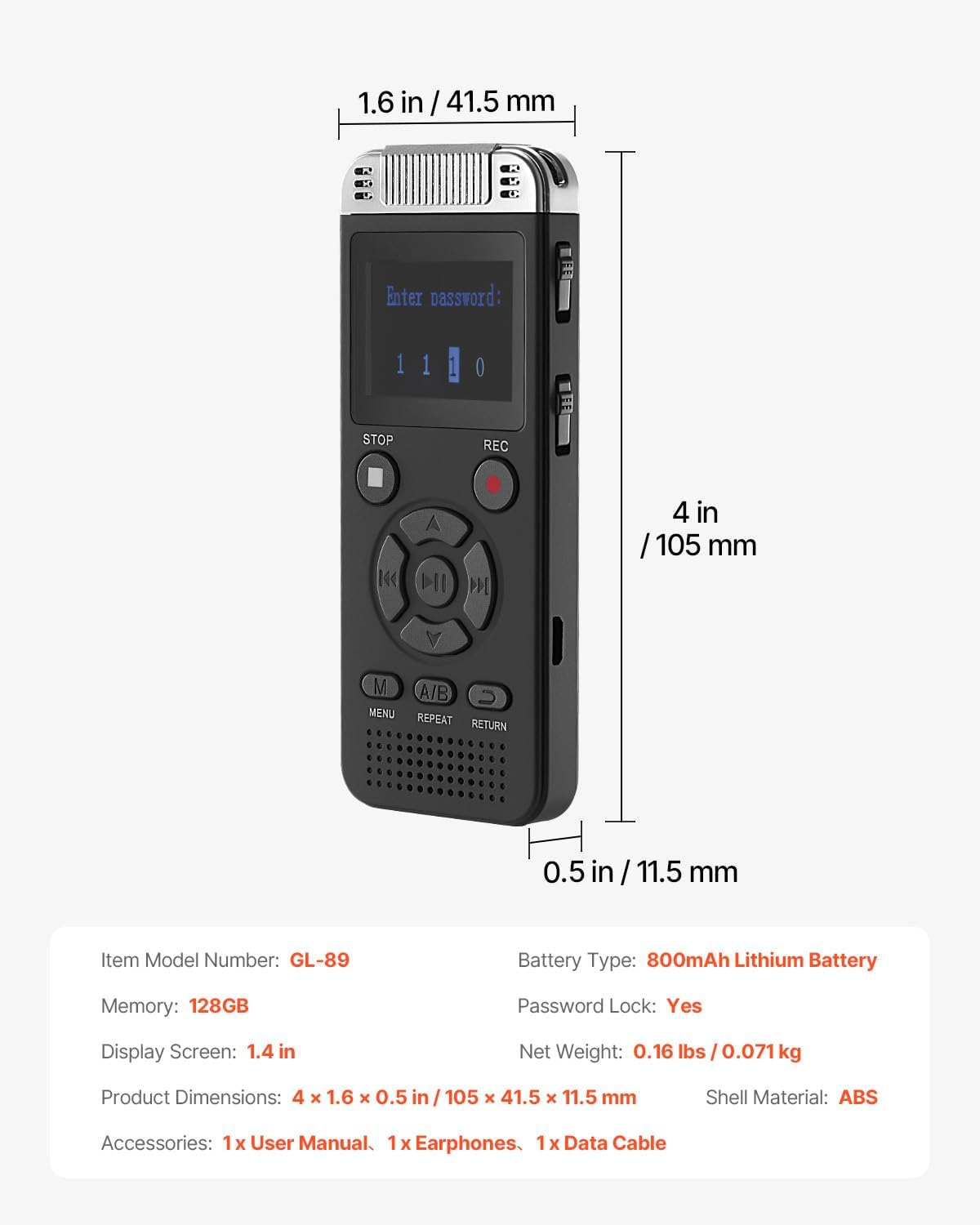 Diagram showing the dimensions of the VEVOR GL-89 digital voice recorder.