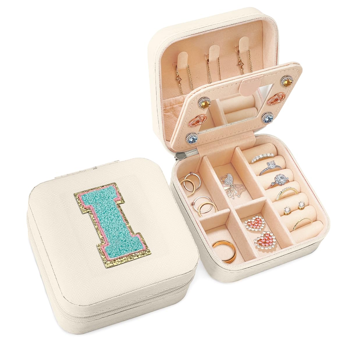 Petite boîte à bijoux monogrammée avec initiale I, mini coffret de protection et rangement
