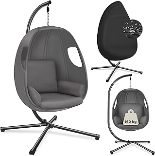 tectake® Hängesessel mit Gestell, Indoor oder Outdoor, Schaukel Sessel mit Kissen + Rückenkissen, Schaukelstuhl, Hängestuhl. Möbel für Wohnzimmer, Schlafzimmer, Balkonmöbel, bis 160kg (anthrazit)