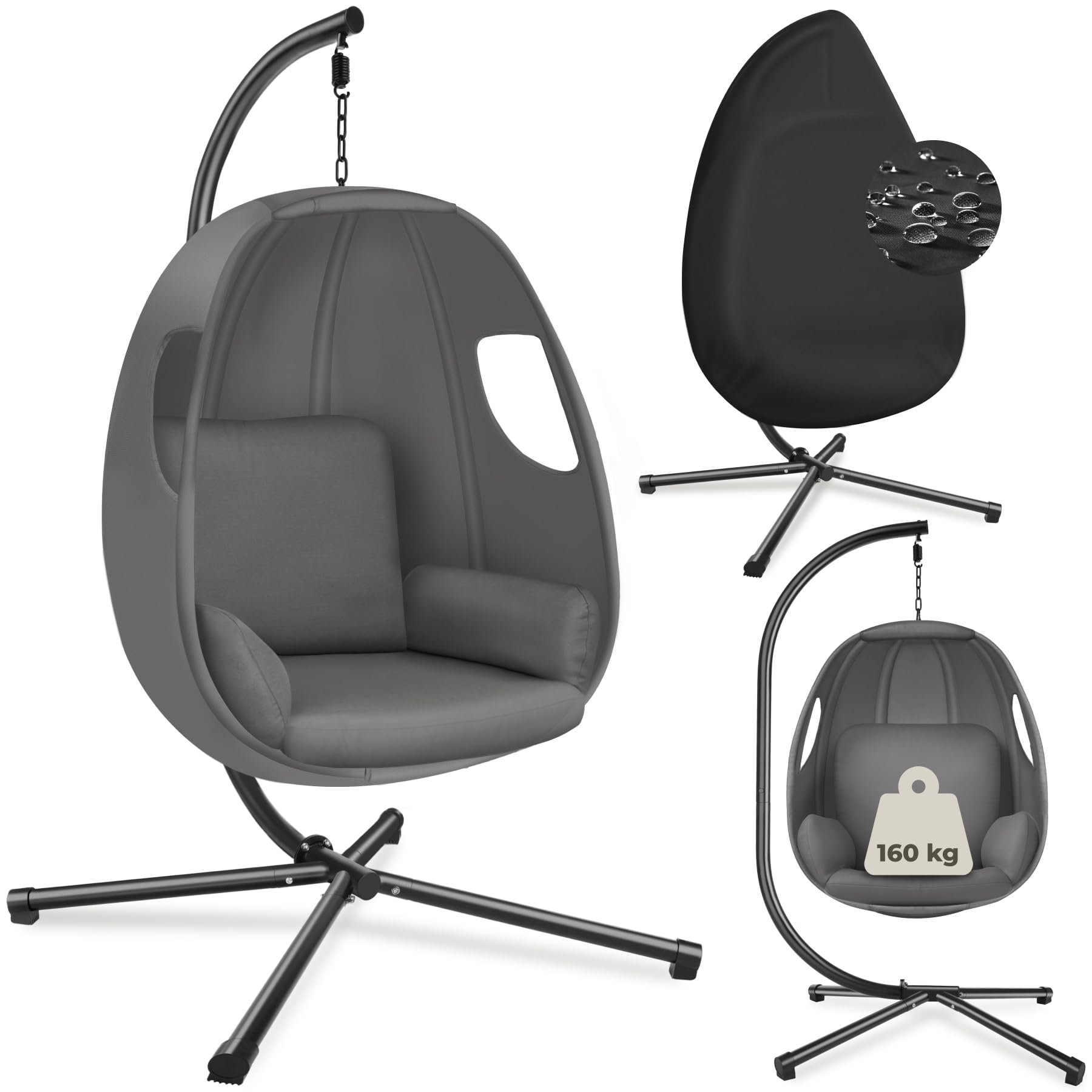 tectake® Hanging Chair with Thick Seat & Back Cushion, 360° Swivel Hammock with Steel Stand, 160 kg Load, Incl. Protective Cover, Weather-Resistant Egg Chair for Indoor & Outdoor Use - Anthracite