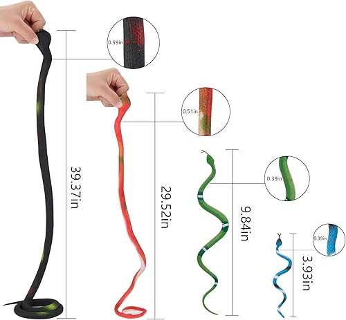 Miniatura 2 de Outee 22 serpientes de goma realistas de serpientes falsas de 3 a 39 pulgadas, juguetes de serpiente negra para accesorios de jardín para asustar