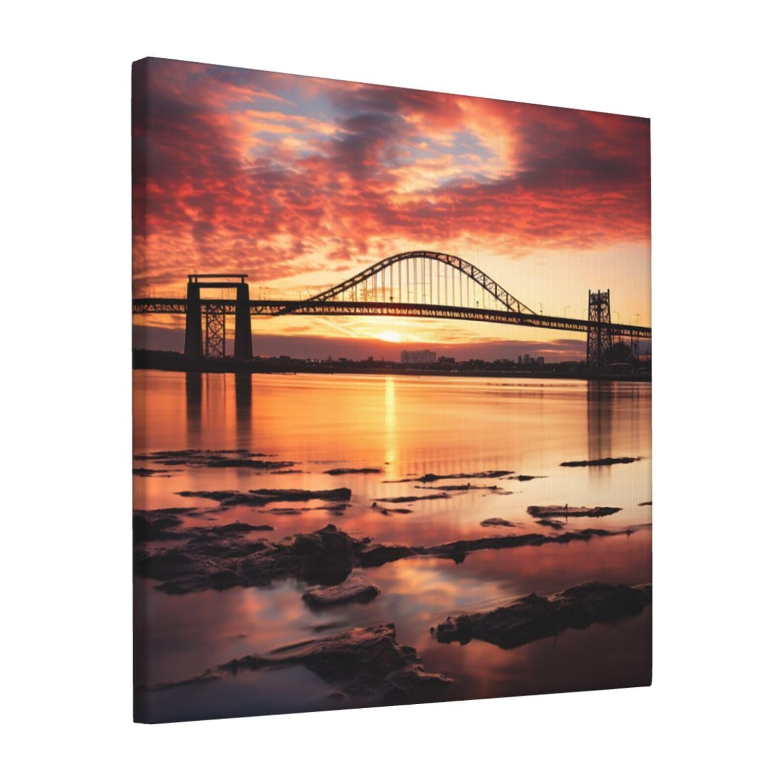 Newark Bay Bridge and Sunset Canvas Wall Art for Living Room Wall Decor 12"x12" Modern Artwork Painting Pictures Hanging Canvas Prints Aesthetic Wall Art for Bedroom Bathroom Office Wallart Decor