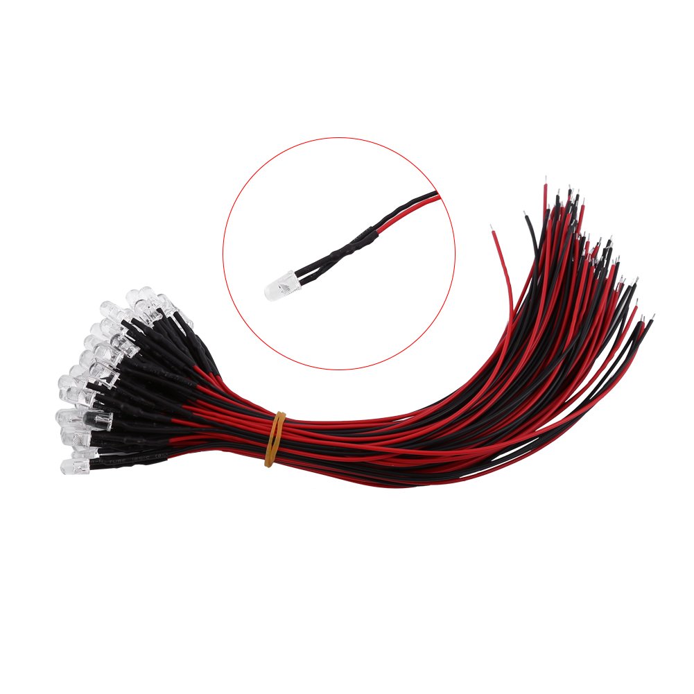 50 Pezzi 3/5 Mm Acqua Precablata, Led Lampeggiante 3 Mm Led Flash 5 Mm Trasparente Flash LED Diodi Bianco Rosso Giallo Luce DC 9 12 V (5 Mm Luce Bianca)(White Light-5 mm