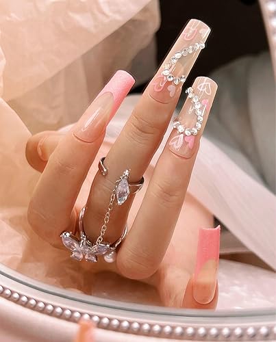 Miniatura 2 de Uñas postizas largas a presión, color rosa, estilo ataúd, francesas, cobertura completa, con purpurina, uñas postizas acrílicas con diamantes de