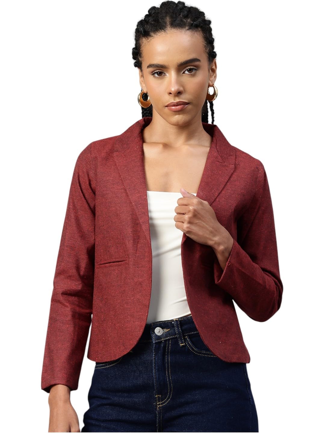cottinfab Maroon Solid Notched Lapel Collar Open Front Blazer-picture-15