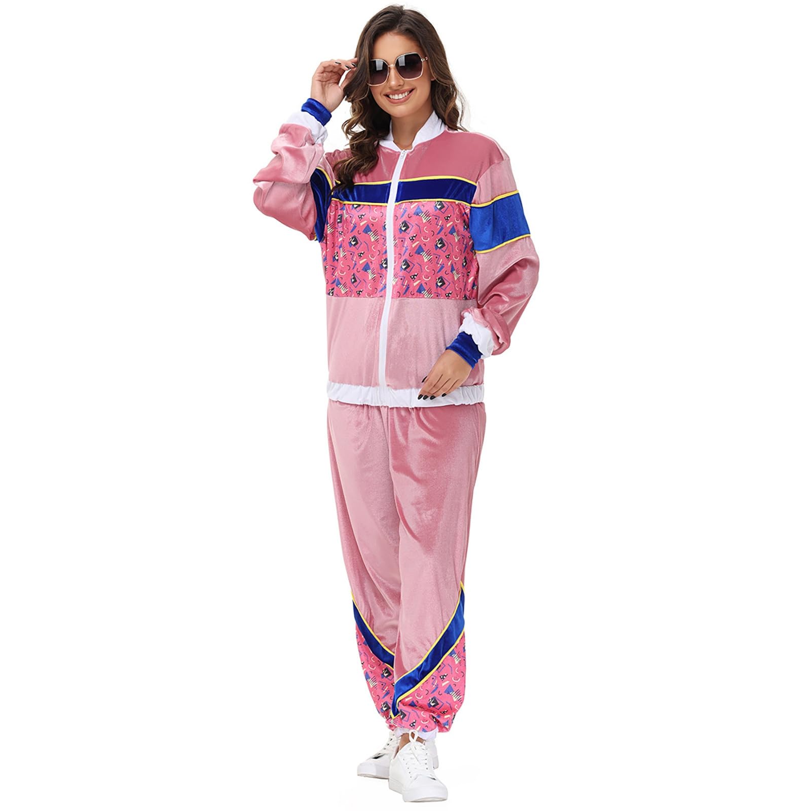 Generisch Faschingskostüme Damen Retro Disco Set 2Pcs, Jacke, Hose Karnevalskostüm Samt Bunt mit Reißverschluss Fasching Kostüm 70Er Party Outfit Lustig Tanzparty