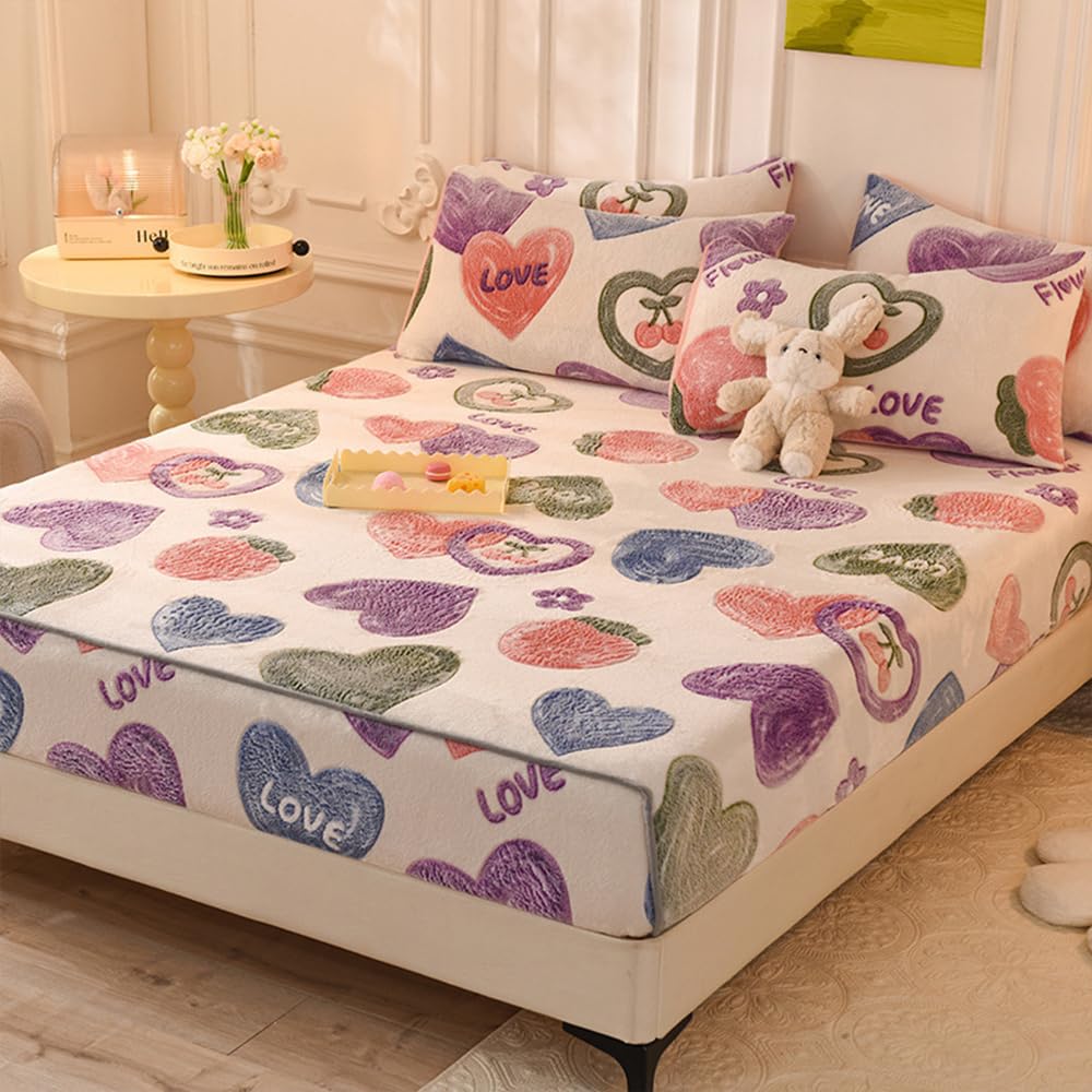 Hiseng Flanell Spannbettlaken, Jacquard Weiches Einfarbig Spannbetttuch Leintuch, bis 28 cm Matratzenhöhe, Elastisches Matratzenschoner für Boxspringbett & Wasserbett (200x220cm,Bunte Herzen)