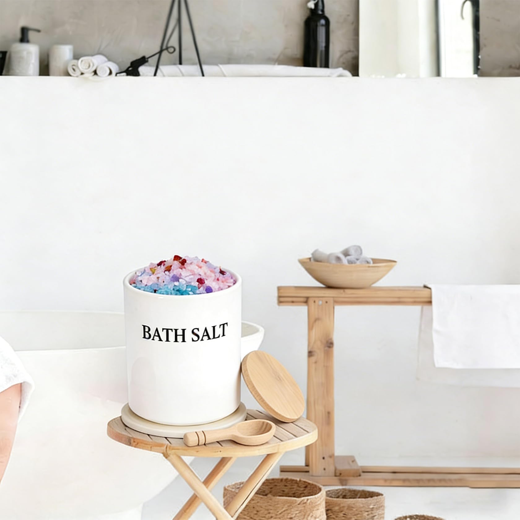 Barattolo in vetro con coperchio in bambù, ermetico per sali da bagno, Epsom sale e cosmetici, con cucchiaio e tappetino, decorazione da bagno per donne, bianco