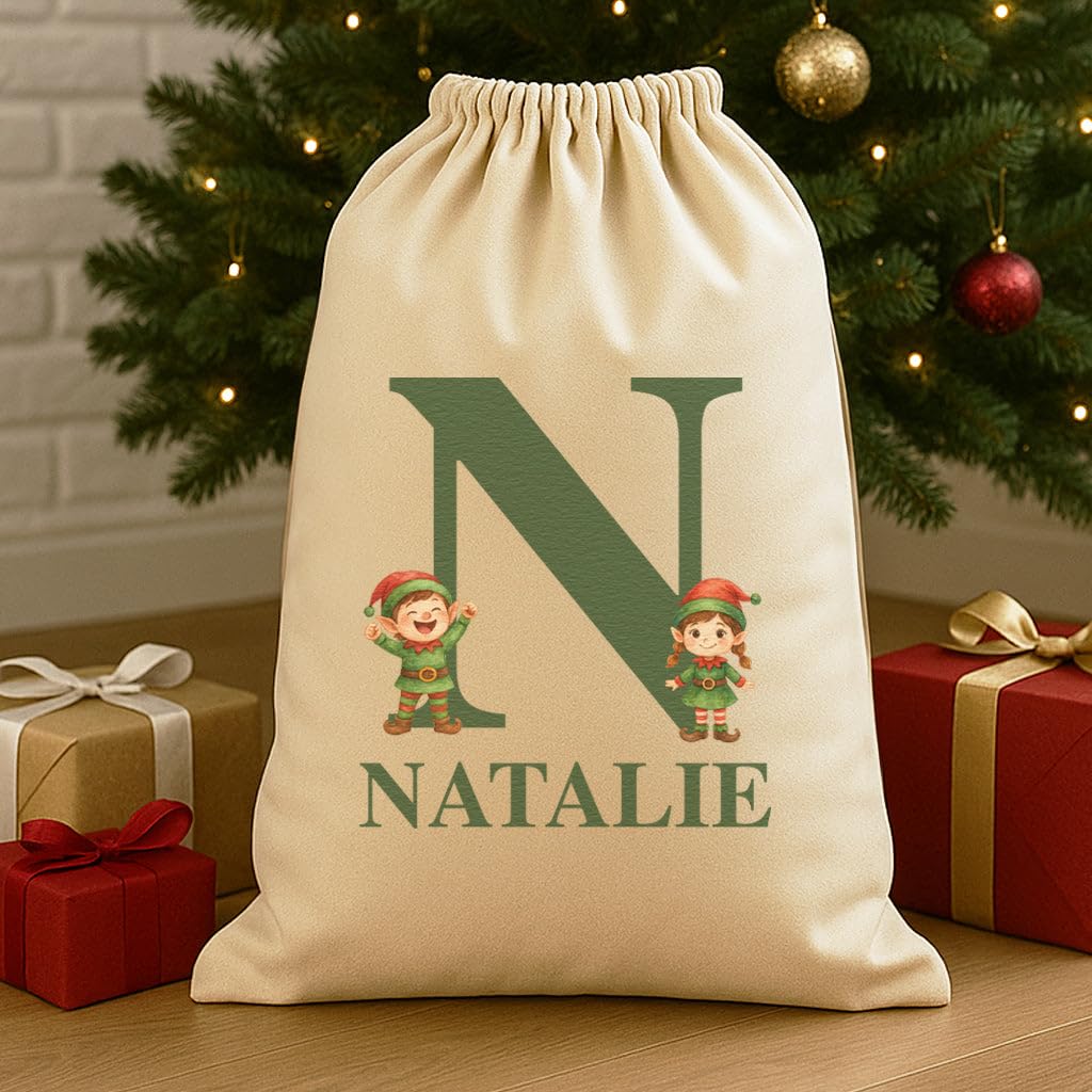 The Gift Project Biege Personalised Christmas Elves Initial And Name - Christmas Santa Sack