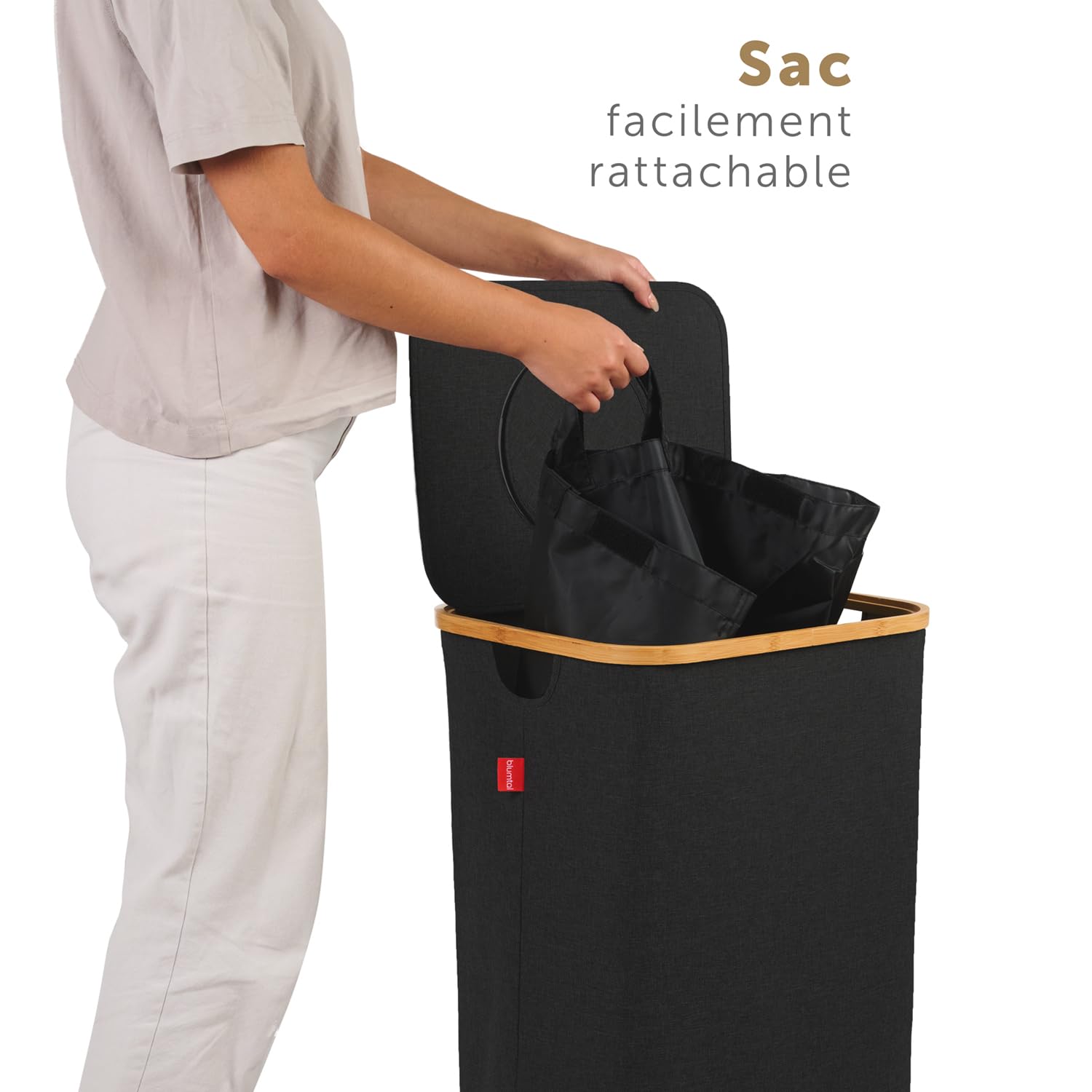 Blumtal Conteneur de consigne pour bouteilles 100L - Organisateur de bouteilles de consigne en bambou avec sac pour bouteilles de consigne - Conteneur de collecte pour bouteilles de consigne noir
