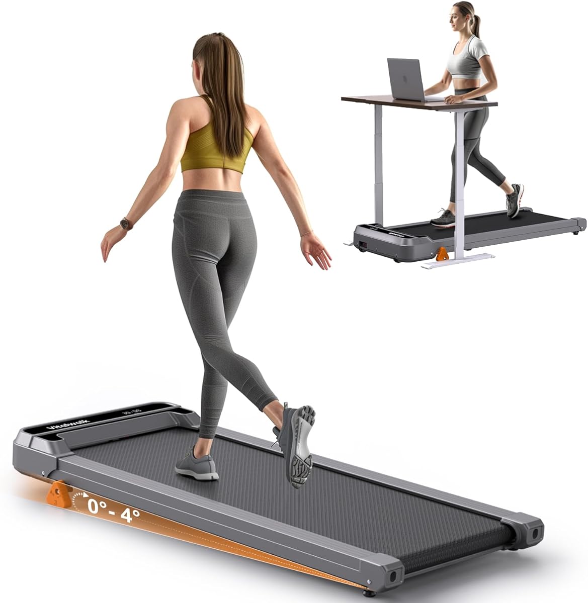 Walking Pad Treadmill with Incline - Vitalwalk Portable Under Desk Treadmill for Home Office Apartment, 3-Levels, 2.5HP Ultra-Quiet, 300lbs Capacity Mini Space-Saving Compact with Remote Control
