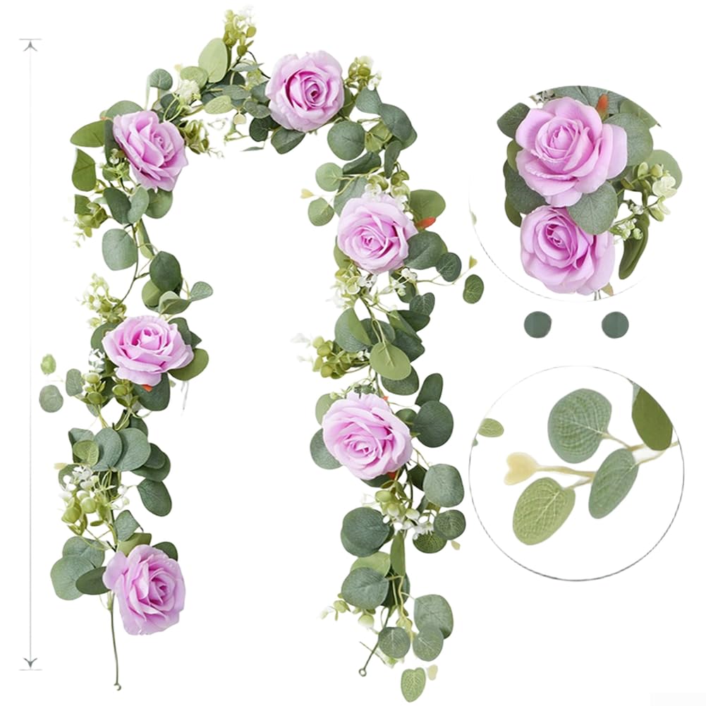 Guirlande de roses artificielles et eucalyptus pour arche de mariage violette