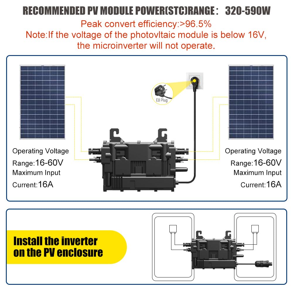 EON-MI800S - Micro inverter 800 W, doppio MPPT, 16-60 V DC, controllo app WiFi e Bluetooth, plug & play, IP67, certificato VDE, leggero, ideale per centrali elettriche da balcone