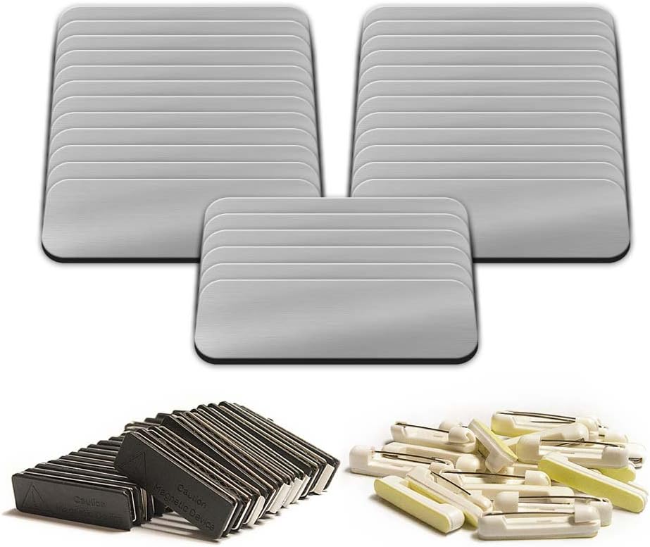 Blank Name Tag with Pin Fasteners 25pk Kit Includes Magnet | Plastic Name Tags with 1" x 3"Rounded Finished Corners - (Shiny Silver and Black)