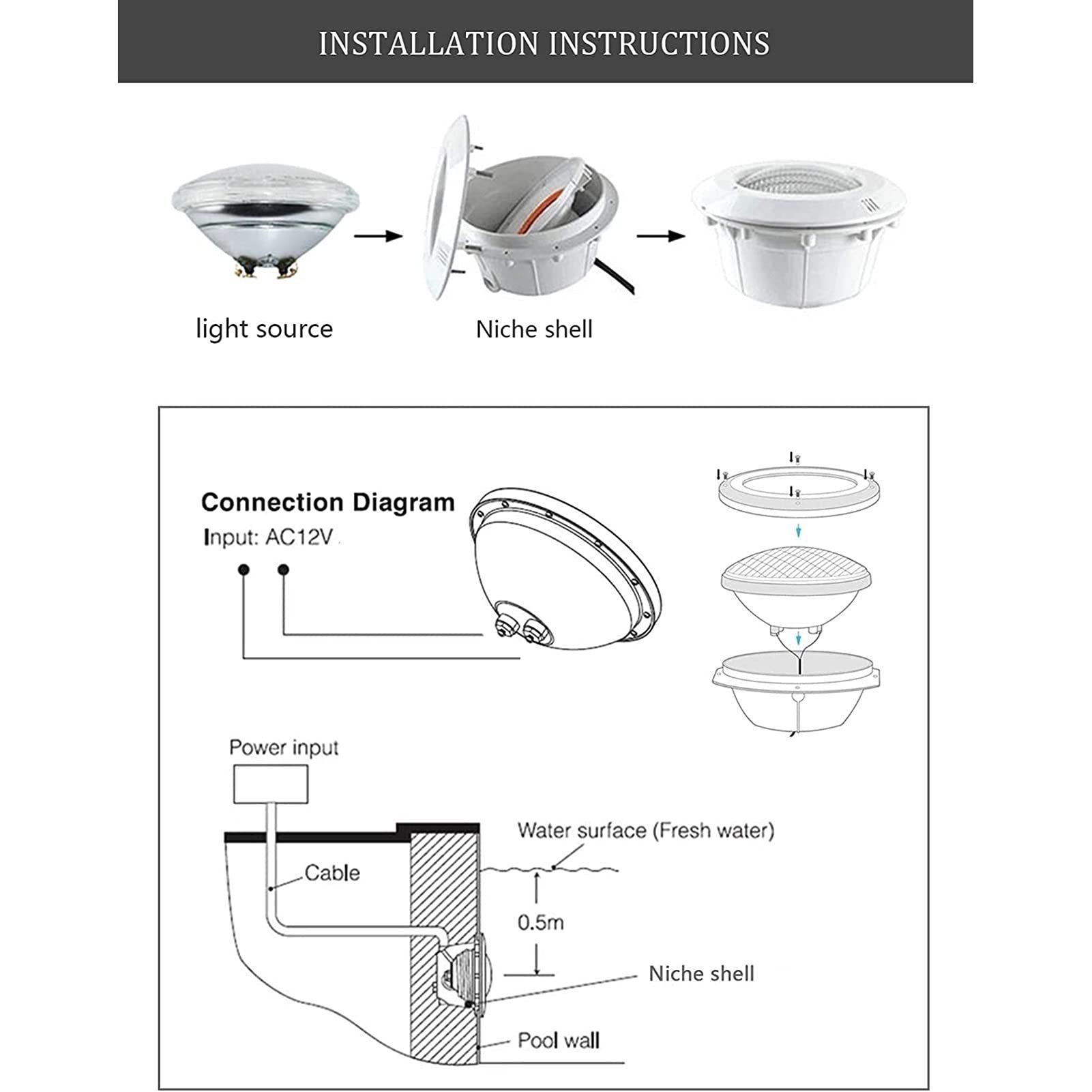 Faretti per piscina, Incorporato Par56 Nicchia 12V Impermeabile IP68 faretto subacqueo incasso Illuminazione della piscina, Applique da incasso per piscina(White light,45W)